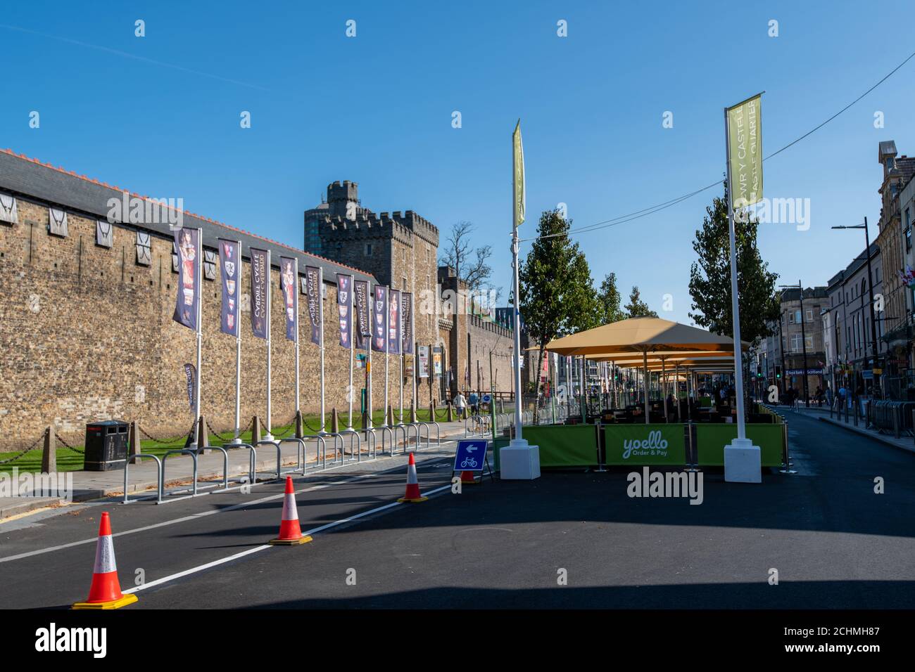 Cardiff, Wales, UK, September 14, 2020: Cardiff's Castle Street al fresco dining area. Covid-19 Road Closure Stock Photo