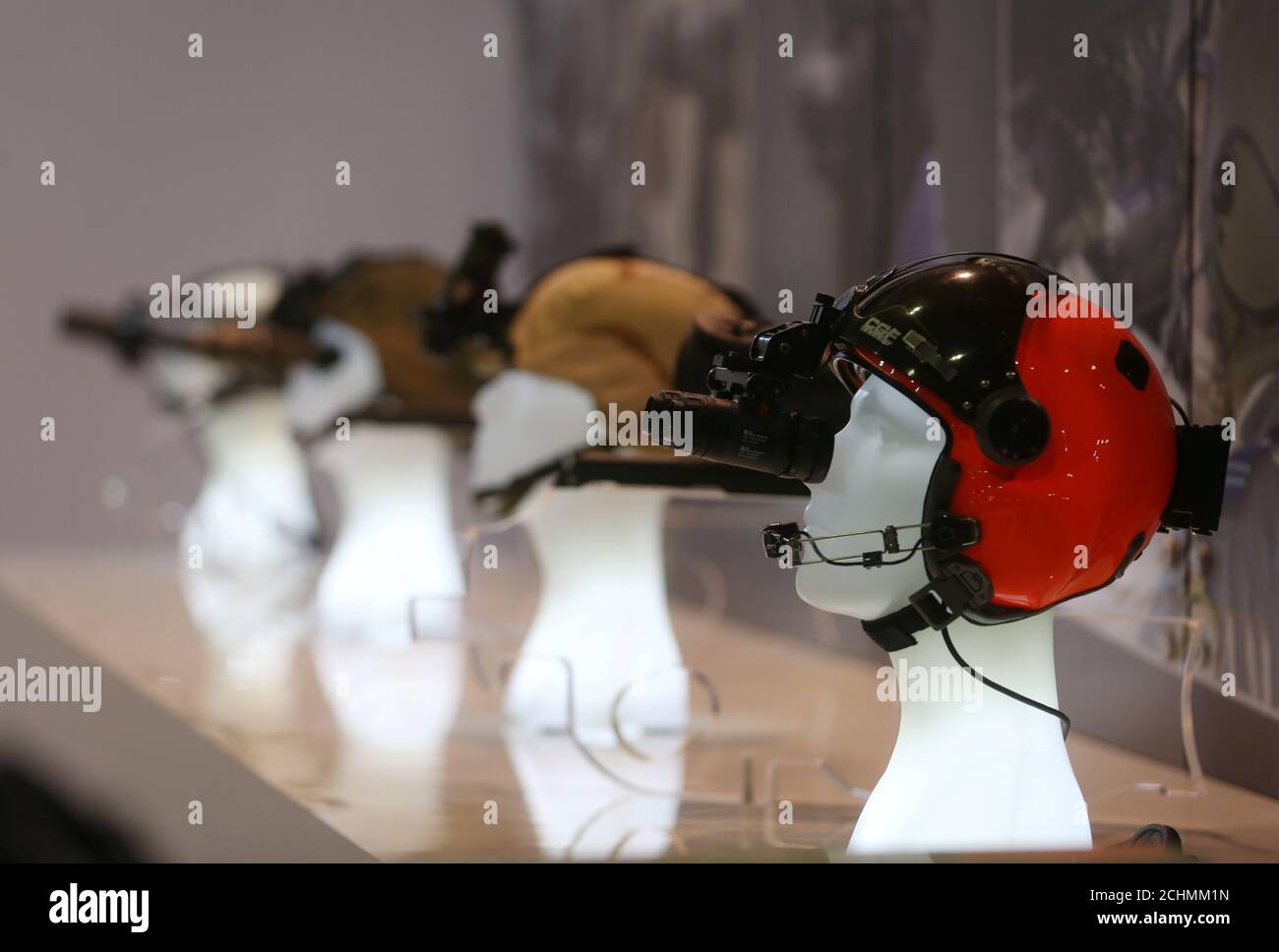 Military equipment is displayed on a booth at LAAD, the biggest military industry expo in Latin America, in Rio de Janeiro, Brazil April 4, 2017. REUTERS/Pilar Olivares Stock Photo