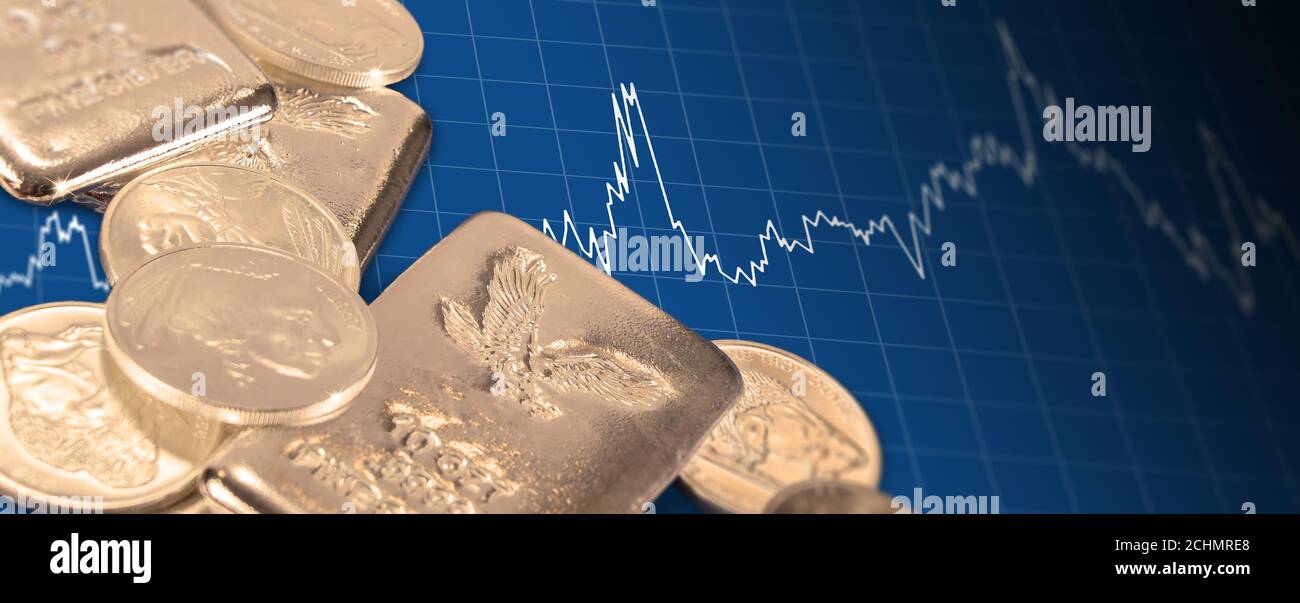 Gold coins and bars with price chart. Investment/market concept Stock Photo