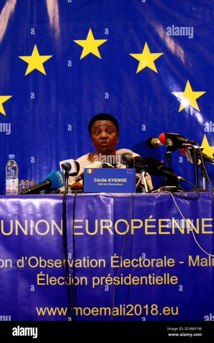 The head of the EU observer mission, Cecile Kyenge, speaks during a news conference in Bamako, Mali August 14, 2018. REUTERS/Luc Gnago Stock Photo