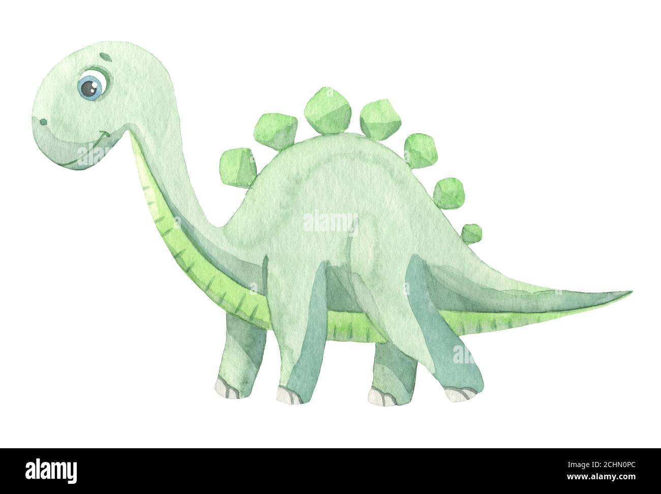Cute cartoon green dinosaur painted in watercolor isolated on white ...