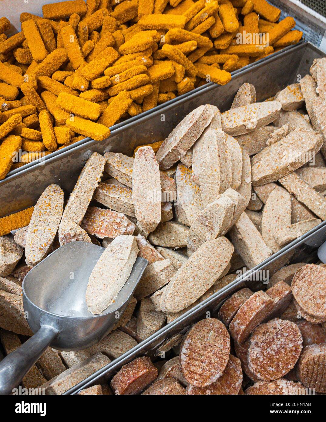 meat semis in supermarket freezer Stock Photo