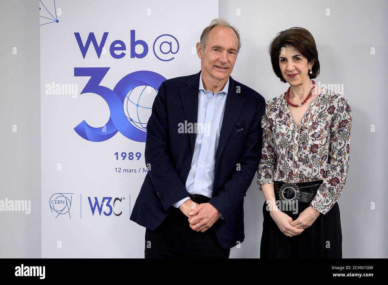 World Wide Web inventor Tim Berners-Lee poses with European Centre for Nuclear Research (CERN) director general Gianotti during an event marking years of World Wide Web, on March 12, 2019