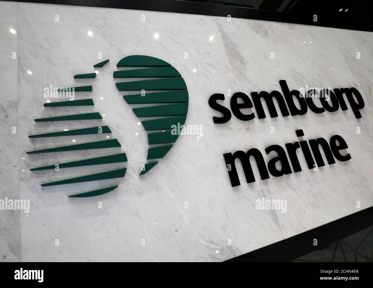 The Sembcorp Marine sign is pictured at the shipyard in Singapore, May