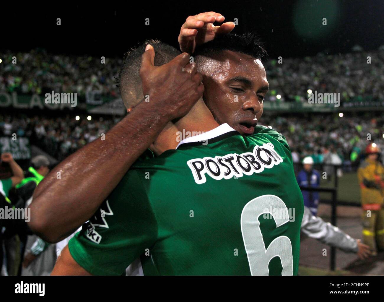 Football Soccer Copa Sudamericana Atletico Nacional V Coritiba Atanasio Giradot Stadium Medellin Colombia 26 10 2016 Miguel Borja Of Colombia S Atletico Nacional L Celebrates With Teammate Matheus Uribe After Scoring Against