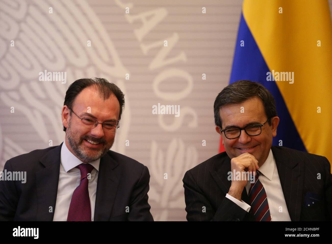 Mexico's Foreign Minister Luis Videgaray and Mexico's Economy Minister Ildefonso Guajardo smile during the XVII meeting of Council Ministers of the Pacific Alliance, in Mexico City, Mexico, June 2, 2017. REUTERS/Edgard Garrido Stock Photo