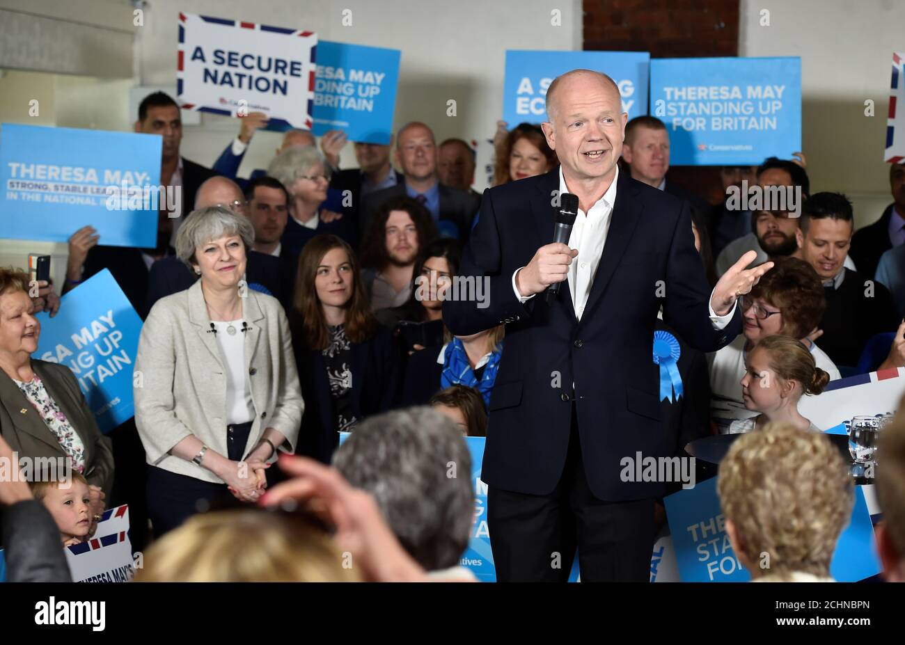 Britain's Prime Minister Theresa May and former Foreign Secretary William Hague attend an election campaign event at Thornhill Cricket and Bowling Club in Dewsbury, West Yorkshire, Britain, June 3, 2017. REUTERS/Hannah McKay Stock Photo