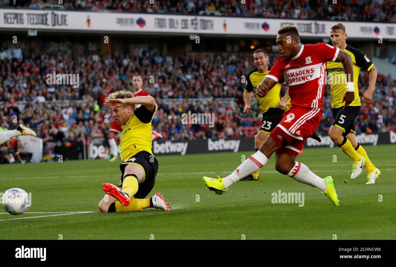 Soccer Football - Championship - Middlesbrough vs Burton Albion -  Middlesbrough, Britain - August 15, 2017 Middlesbrough's Britt Assombalonga  scores their first goal Action Images/Lee Smith Stock Photo - Alamy