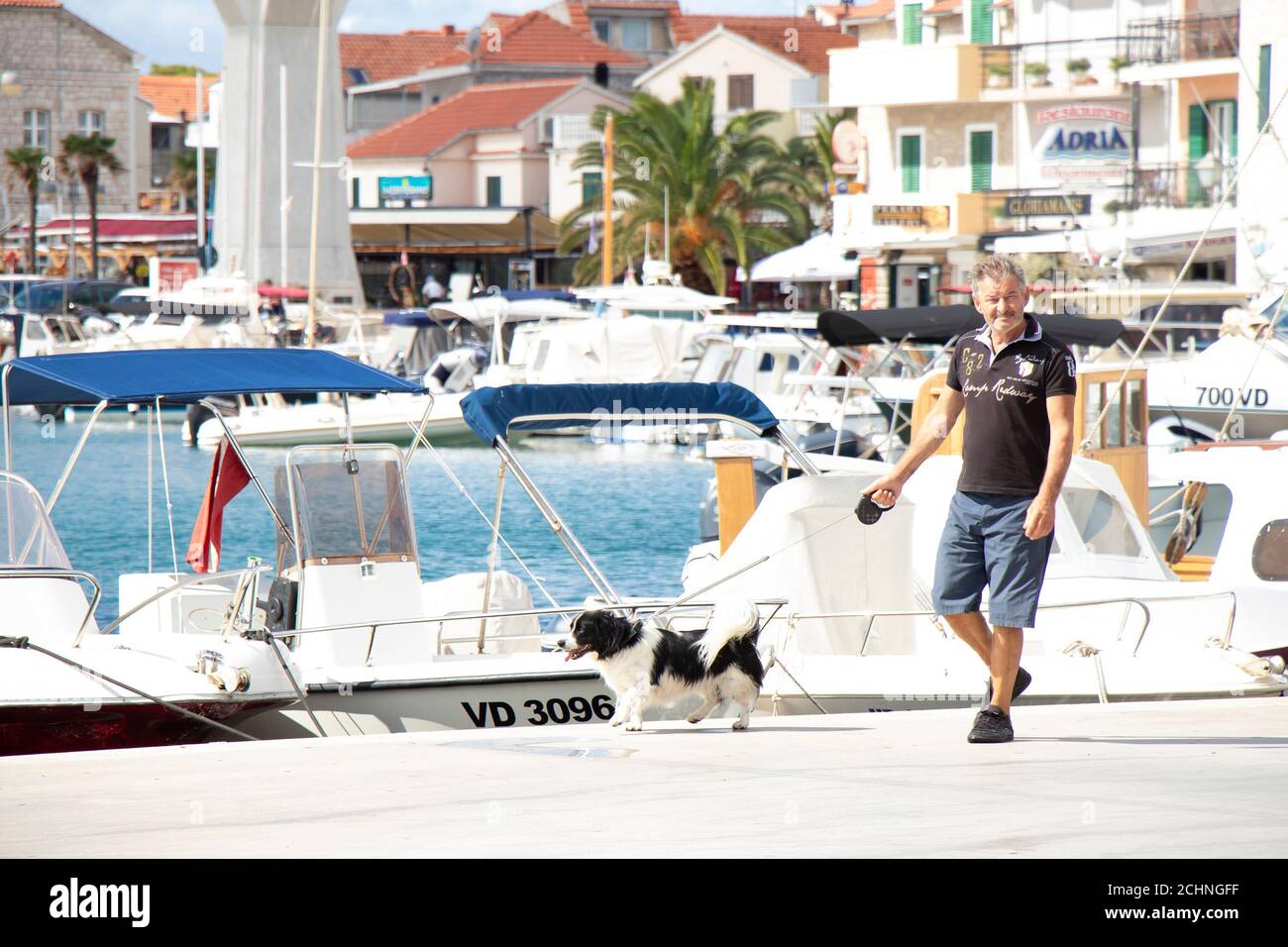 Vodice, Croatia - September 1, 2020: Man walking a dog on a leash on the picturesque  dock with boats and houses Stock Photo