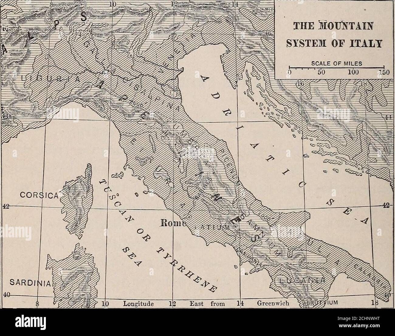 . A history of Rome . the Western or Tyrrhenian Sea; Umbria and Picenum, lookingout over the Eastern or Adriatic Sea; and Samnium and the coun-try of the Sabines, occupying the rough mountain districts of theApennines. Southern Italy comprised the ancient districts of Apulia, Lucania,Calabria, and Bruttium. Calabria1 formed the heel, and Bruttium 1 During the Middle Ages this name was transferred to the toe of the peninsula, andthis forms the Calabria of to-day. I ITALY AND ITS EARLY INHABITANTS [§2 the toe, of the bootlike peninsula. The coast region of SouthernItaly, as we have already learn Stock Photo