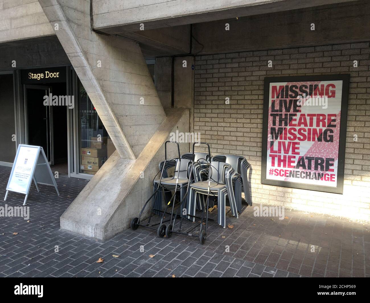 ‘Missing Live Theatre’ posters outside Britain’s National Theatre in London which has been closed since 16th March 2020 as a result of the COVID-19 pandemic. Stock Photo