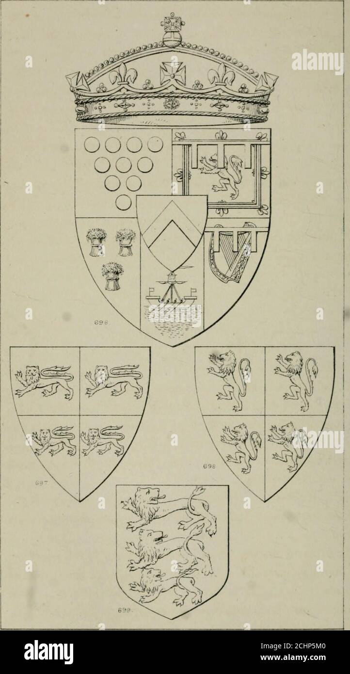 . Heraldry, historical and popular . ARMS OF H.R.H THE PRINCE OF WALES K r,T)1TJ&lt;K OF SAXOX^ OF TORNAVALL, At OF ROTHSAT;Fo4RL OF CHEHTER. OF CARRirK^.t OF PlBLIX;BARON HEXFKRW. LORD OF THE ISLE. &&lt; ir S.^ .](MS()FT]I1&lt; II-:^I)1(;XITIES()F THE PKJXCK OF AVALKS.AND ()]• THE rKIXClPALITY OF A;I,KS CHAPTER. V]:: o .:::.. Plate jjs. OF ENGLAND. 325 therefore it is considered to be represented heraldically by theLions of England. Accordingly, when he differences the RoyalShield with his own silver label, the Prince of Wales wouldbear the Arms of Wales as Prince—precisely as his Royal Mo Stock Photo