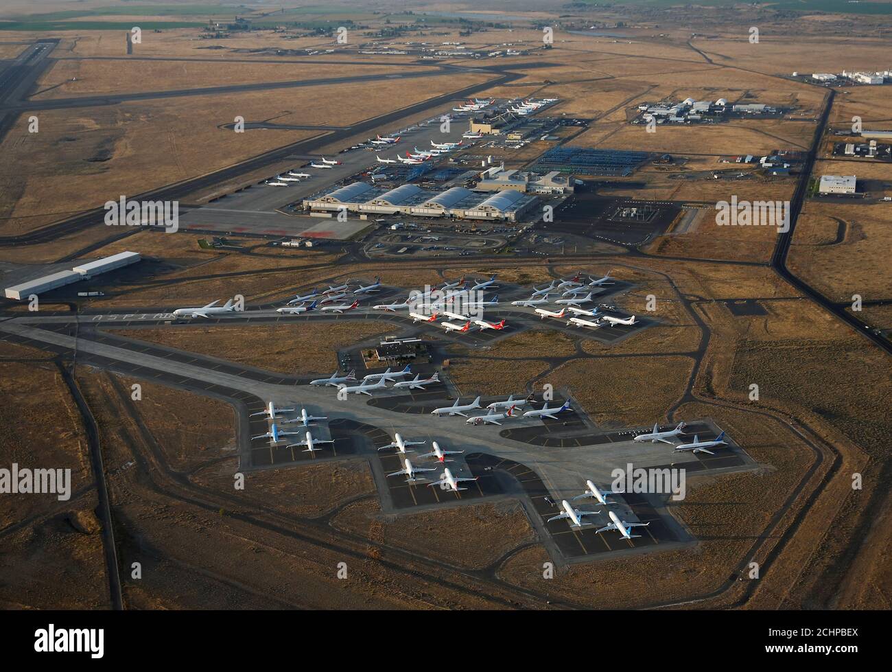An aerial photo shows Boeing 737 MAX aircraft at Boeing facilities at