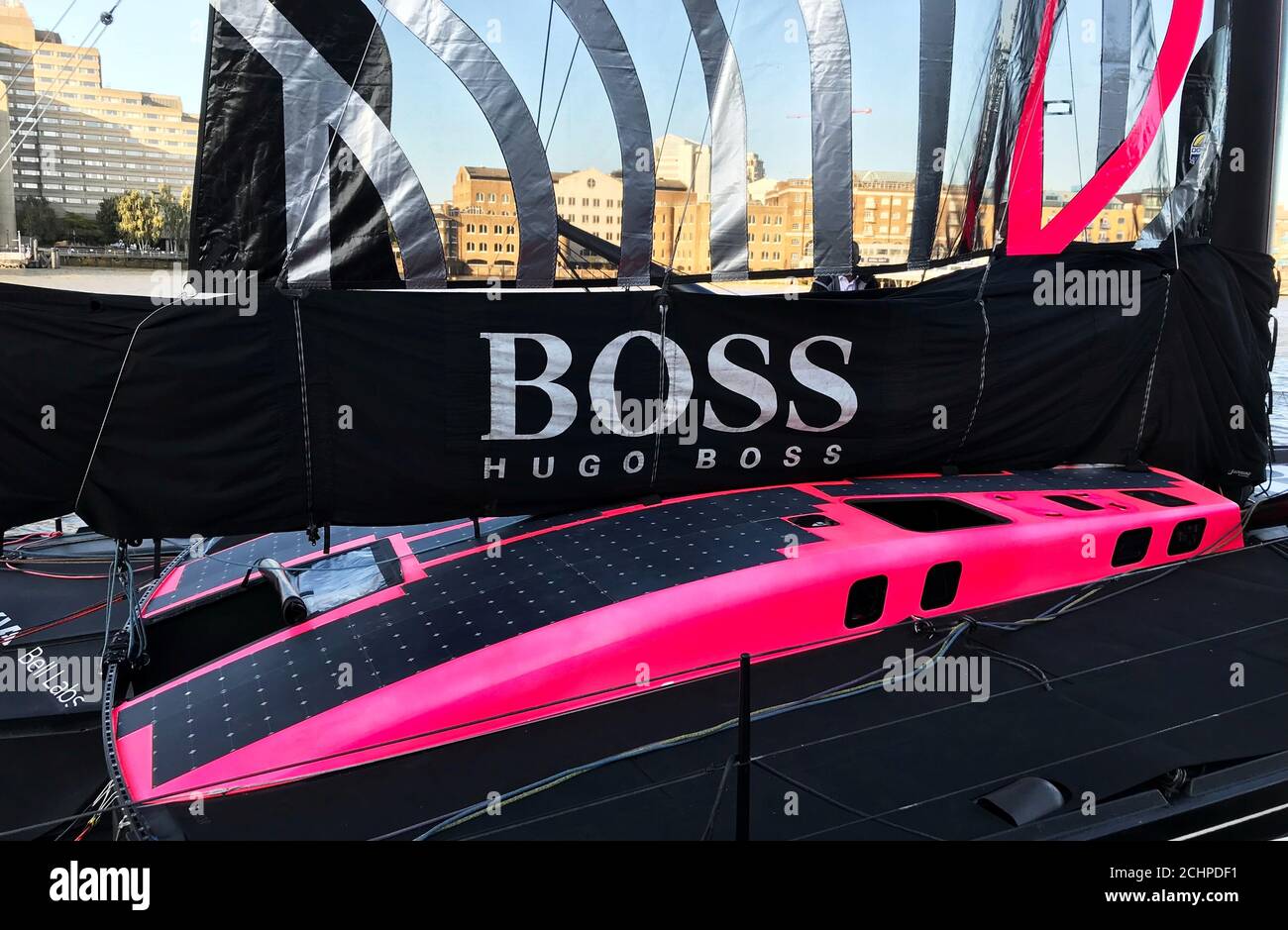 British sailor Alex Thomson's IMOCA 60 yacht "Hugo Boss" is moored in  London, Britain, September 19, 2019. Picture taken September 19, 2019.  REUTERS/Alexander Smith Stock Photo - Alamy