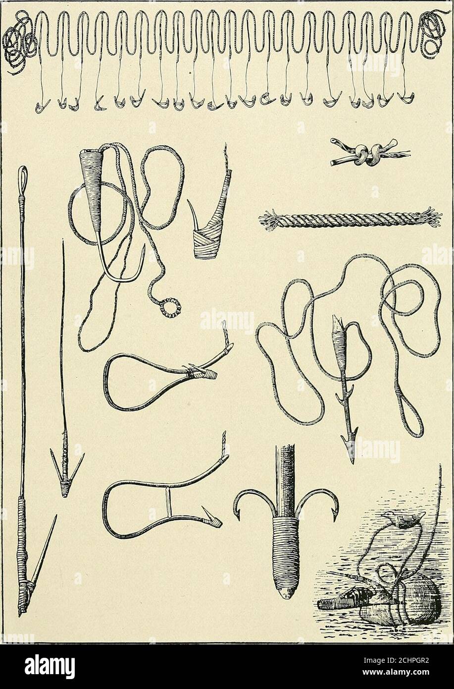. Annual report of the Board of Regents of the Smithsonian Institution . or snag, with two barbs; bone point; whalebone gangingor snood. Primitive type, Cat. No. 74189, U. S. N. M. Makah Indians,Neah Bay, Washington. Collected by James G. Swan. Fig. 147. Fish-hook, Single-barbed, with bone point and whalebone snood. Sametype as Fig. 146. Cat. No. 74188, U. S. N. M. Makah Indians. NeahBay, Washington. Collected by James G. Swan. Fig. 148 (a and 6). Hook. For black cod. 6 shows peg in position and hook baited;a shows position wlien not in use, ^^dth lashing tightly drawn to pre-serve the elastic Stock Photo