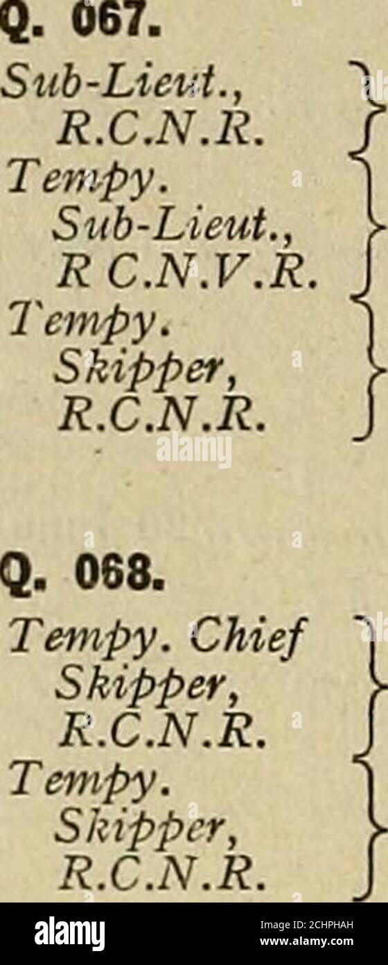 . The navy list . -A. L.Murray 6 Mar 42 R.CN.R. J 1972 THE ROYAL CANADIAN NAVY. Q. 069. Tempy. ChiefSkipper,R.C.N.R. Tempy. Lieut.,R.C.N.V.R. Tempy.Sub-Lieut.,R.CN.V.R. Tempy.Skipper,R.C.N.R. Q. 070. Tempy.Sub-Lieut.,R.C.N.R. ChiefSkipper,R.C.N.R. Tempy.Shipper,R.C.N.R. Q. 071. Tempy. ChiefSkipper,R.C.N.R. Tempy. Lieut.,R.CN.V.R. Tempy. ChiefSkipper,R.C.N.R. C. C. T. McNair 27 Mar 42 (In command.) R. Paddon 15 Sept 42 J. C. Brinkman 27 Mar 42 H.E.Young 7 Mar 42 {In command.) L. P. Pearo 7 Mar 42 W. G. Tribe 20 Aug 42 ^F. W.M.Drew 28 Mar 42 (/n command.) &gt;J. G. Wenman 29 Sept 42 ► D. R. Whit Stock Photo