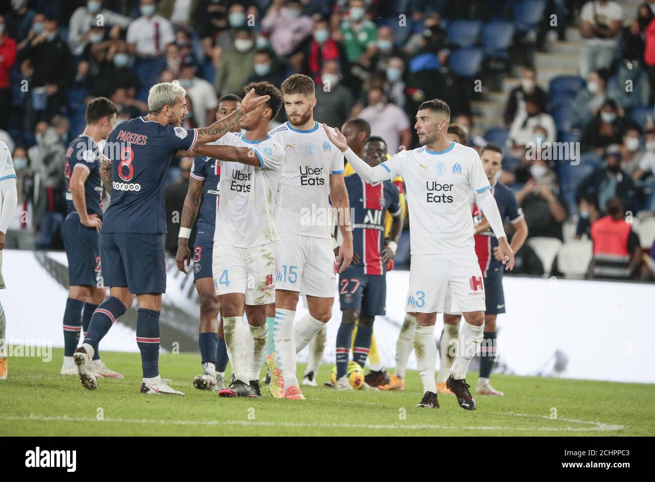 Leandro PAREDES (PSG) anger against Alvaro GONZALEZ (Olympique de Marseille) during the French championship Ligue 1 football match Uber Eats between P Stock Photo
