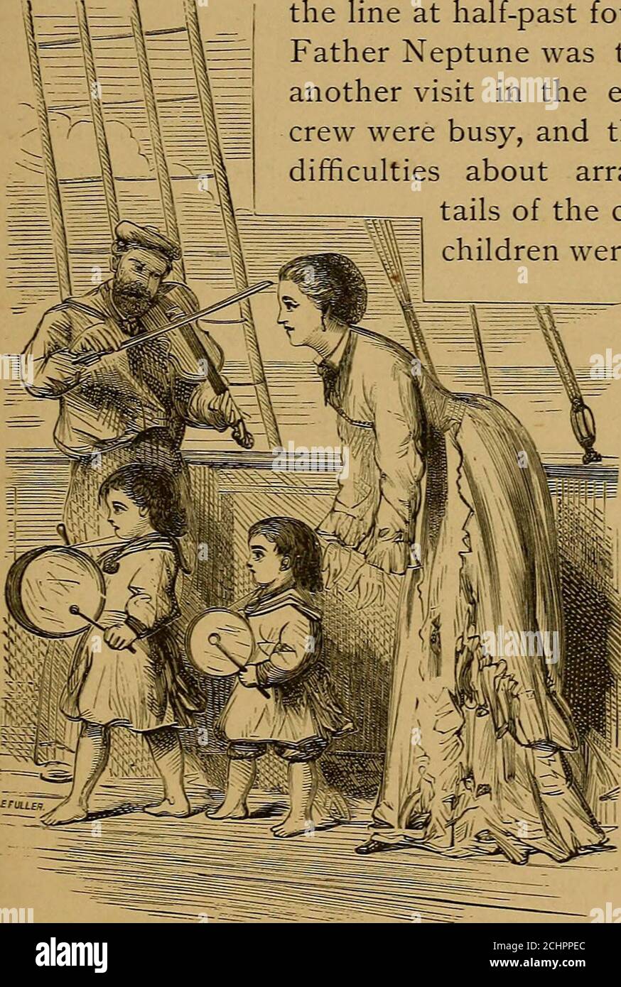 . Around the world in the yacht 'Sunbeam,' our home on the ocean for eleven months . me. Oh, yes, maam, he answered, but thems the new com-pass-cards. This man is one of the best helmsmen in theship, but certainly seems to be an indifferent scholar. Friday, December ^th.—We crossedthe line at half-past four this morning.Father Neptune was to have paid usanother visit in the evening, but thecrew were busy, and there were somedifficulties about arranging the de-tails of the ceremony. Thechildren were obliged, there-fore, to be con-tent with their usual game ofdrilling everyone that theywere abl Stock Photo