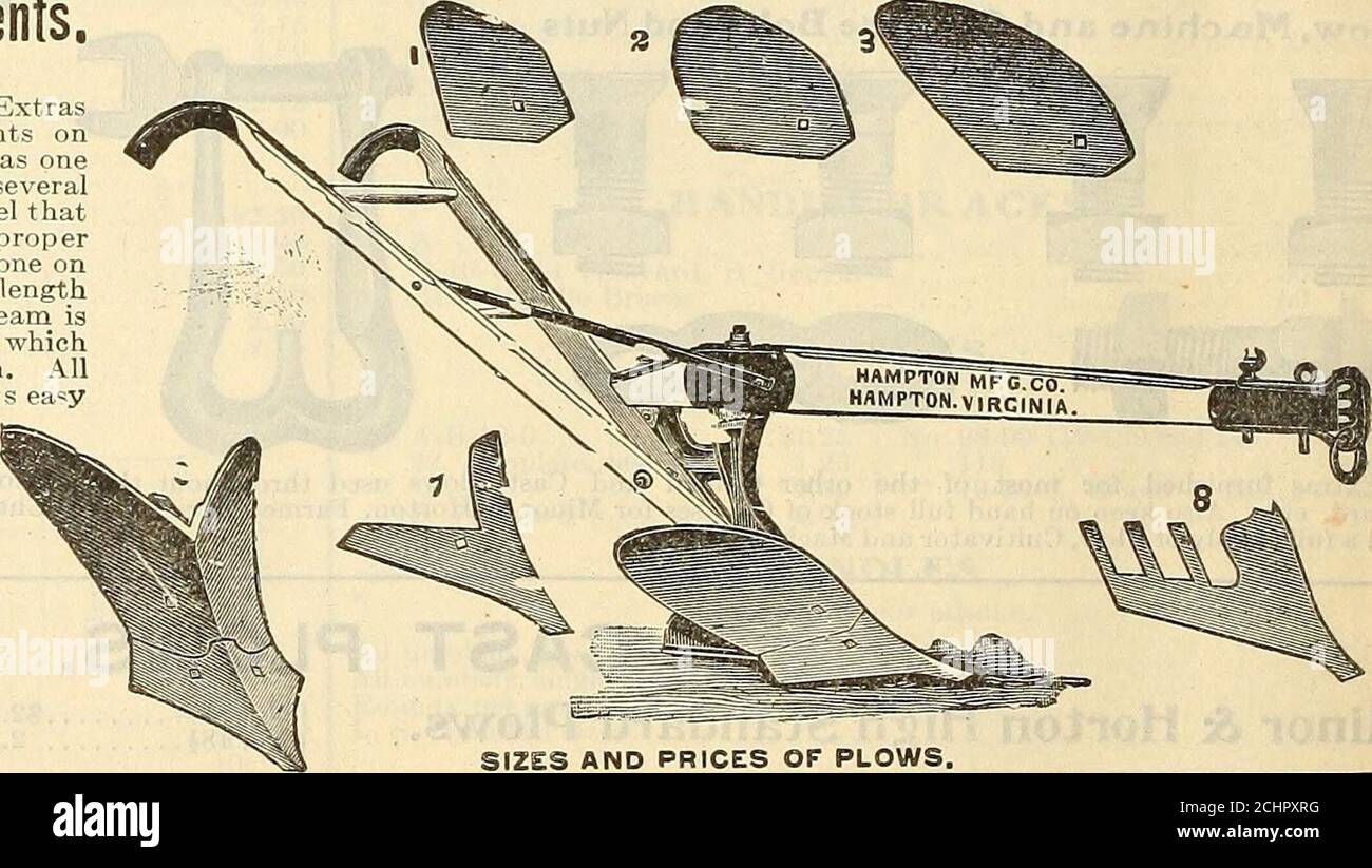 . Griffith & Turner Co : farm and garden supplies . below description of repairs and extra attach-ments : With every Hampton No. 1 C Plow is sent 3 extramoulds and one extra share and wrench, as follows: No. 1 B, Fig. 3 in cut—A regular one-horse mouldboard used on all regular No. 1 Plows. Cabbage, Fig. 2 in cut, smaller than No. 1 B—Particularly adapted to the second cultivation of allcrops. Truck, Fig. 1 in cut—A small mould board suitablefor the early cultivation of all truck. No. 1 C—Illustrated on Plow is a large one-horsemould board turning a strong furrow. All of the above are included Stock Photo