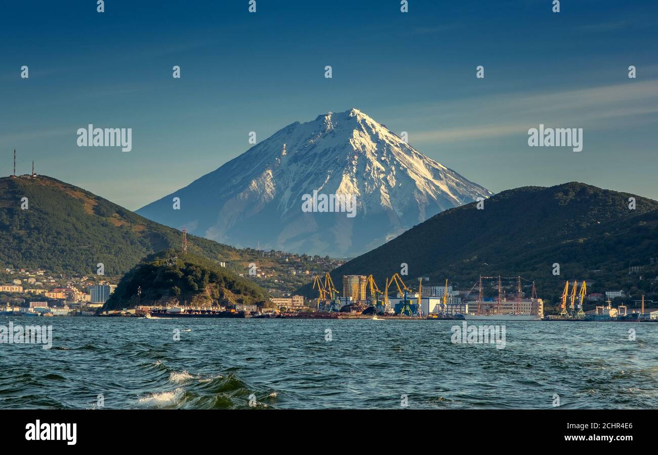 Petropavlovsk-Kamchatsky ocean and volcano Stock Photo