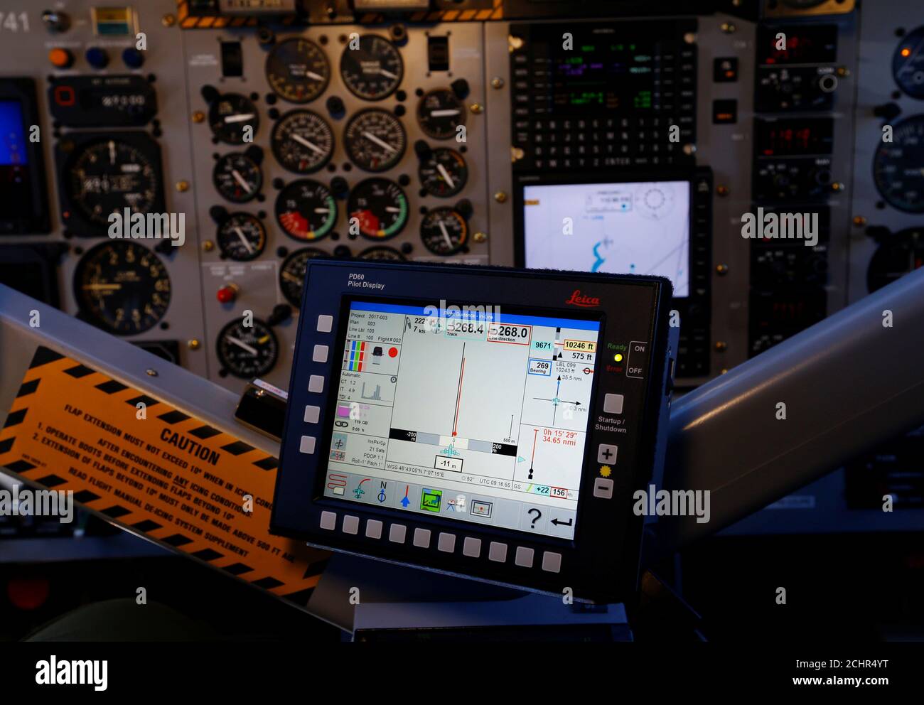 The alignment position of the Swiss Air Force Twin Otter aircraft is seen  on a control screen during a land-surveying presentation flight of the Swiss  Federal Office of Topography (swisstopo) to present
