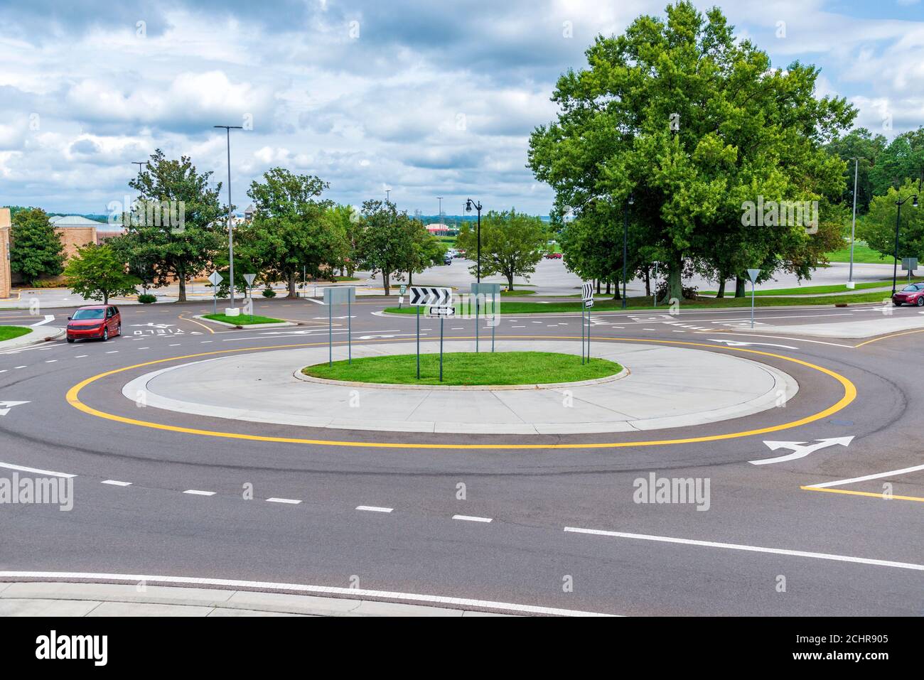 Horizontal shot of a traffic roundabout near a Tennessee mall. Stock Photo