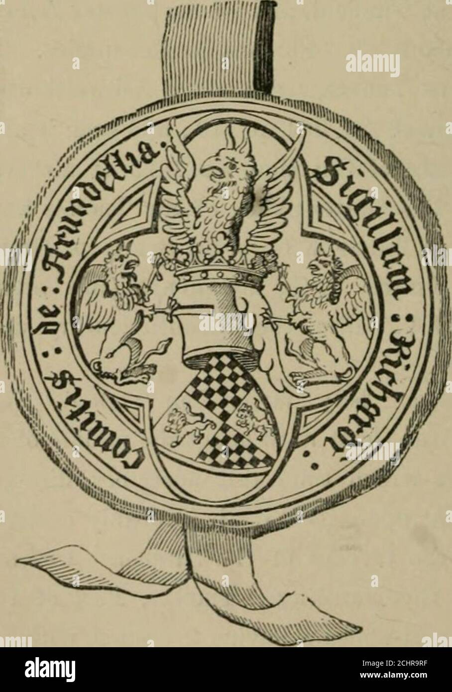 . Heraldry, historical and popular . e head of his charger,Xo. 524, PL XXXV.: and the seal of Ealph de Monthermer,Earl of Gloucester, a.d. 1323, has on his hebn an eagle-crest .D. V- C^.t^ ,ftw«^&lt;4,^tatr.XVU A^, 268 BADGES, CRESTS, SUPPORTERS, and a contoise. This eagle-crest was a special grant fromEdward III. to William de Montacute. In Achievements ofArms, and particularly in such as are blazoned on Seals, thegioup is arranged in the manner represented in No. 301, PI. I.,the Supporters being added on either side as in No. 707 A. TheCrests in these compositions of the fourteenth and fifte Stock Photo
