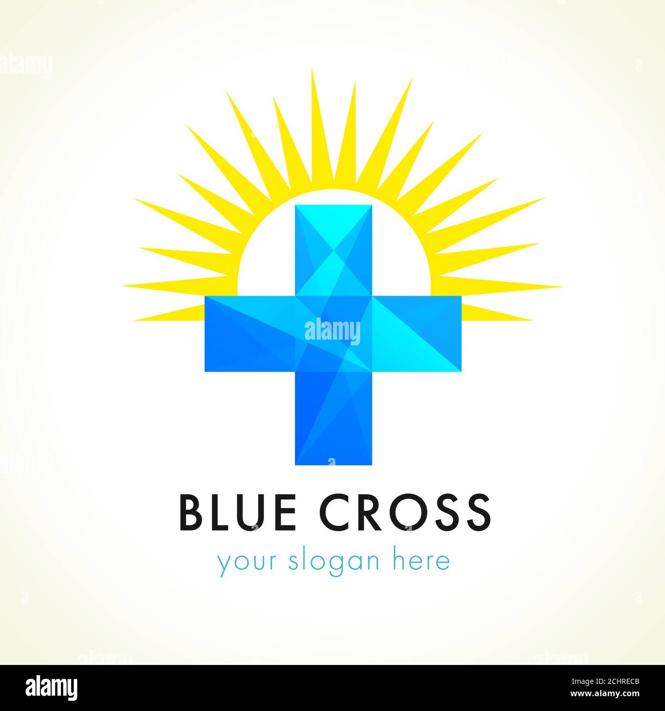 Blue facet stained-glass plus cross and sun. Vector logo design. Branding identity for healthcare organizations, charitable missions, christian church Stock Vector