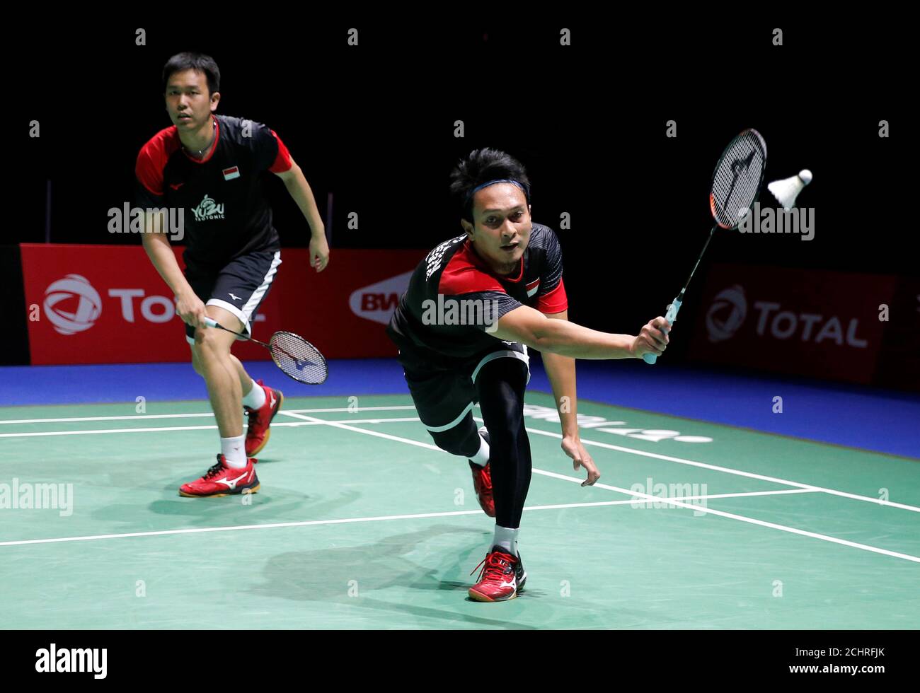 2019 Badminton World Championships - St. Jakobshalle Basel, Basel,  Switzerland - August 23, 2019 Indonesia's Mohammad Ahsan and Hendra  Setiawan in action during their quarter final men's doubles match against  Chinese Taipei's
