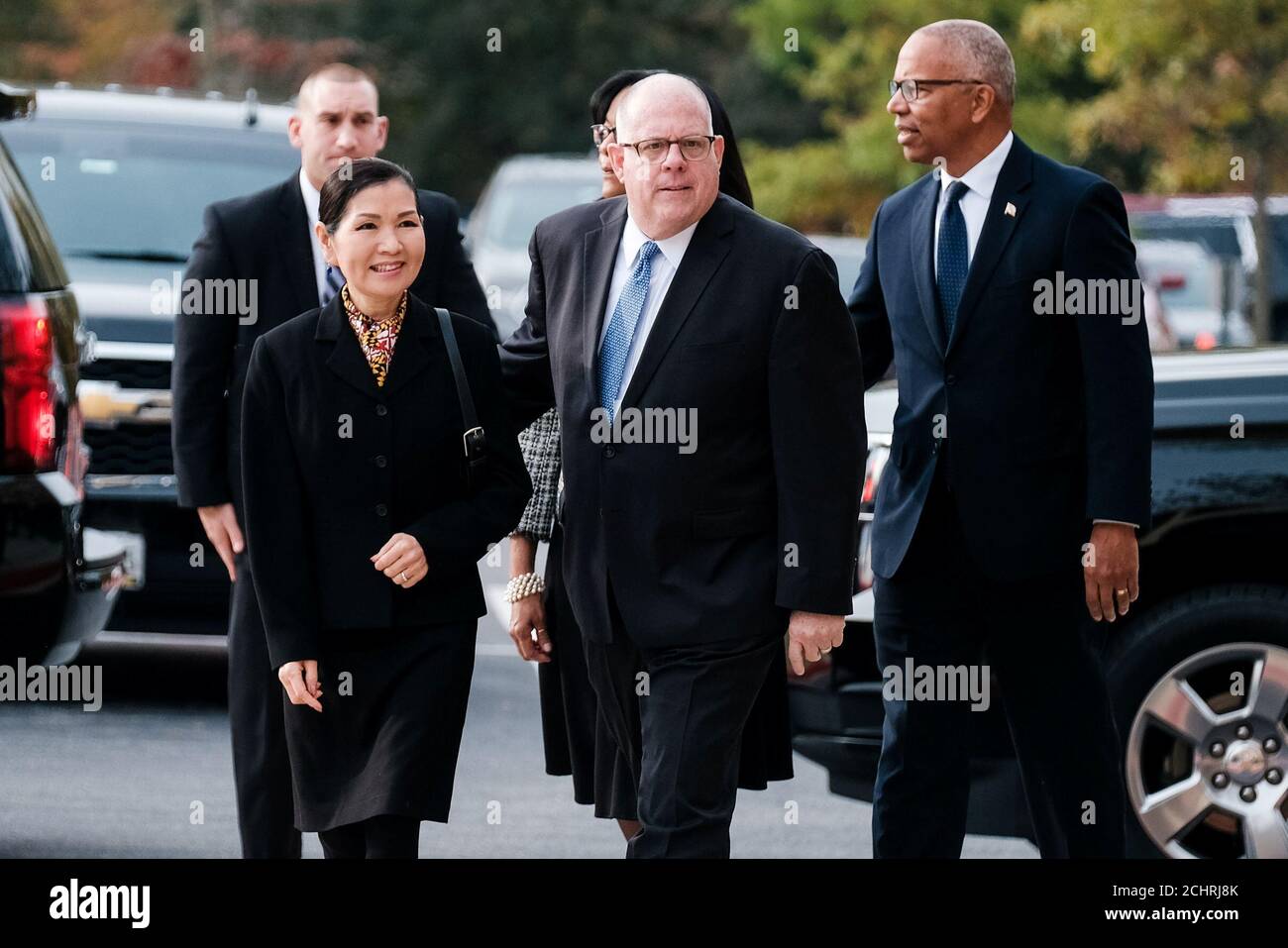 Maryland Governor Larry Hogan (R-MD) and wife Yumi Hogan arrives for the  funeral service for late U.S. Representative Elijah Cummings (D-MD) at the  New Psalmist Baptist Church in Baltimore, Maryland, U.S., October