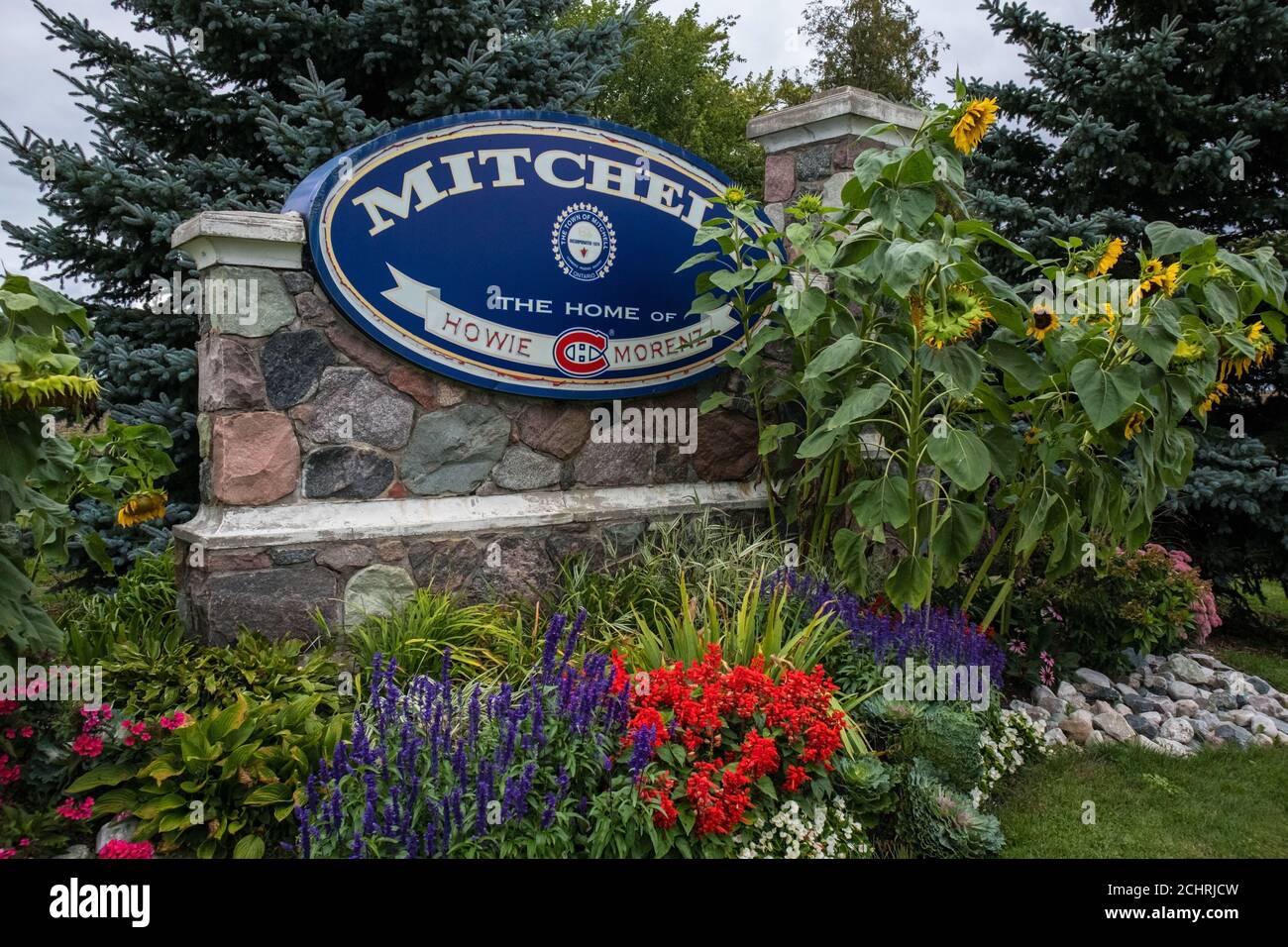 A view of the entrance to the town of Michell, home of Howie Morenz, famous hokey player who made a career with the CH Montreal Canadians. Le Canadien. Stock Photo