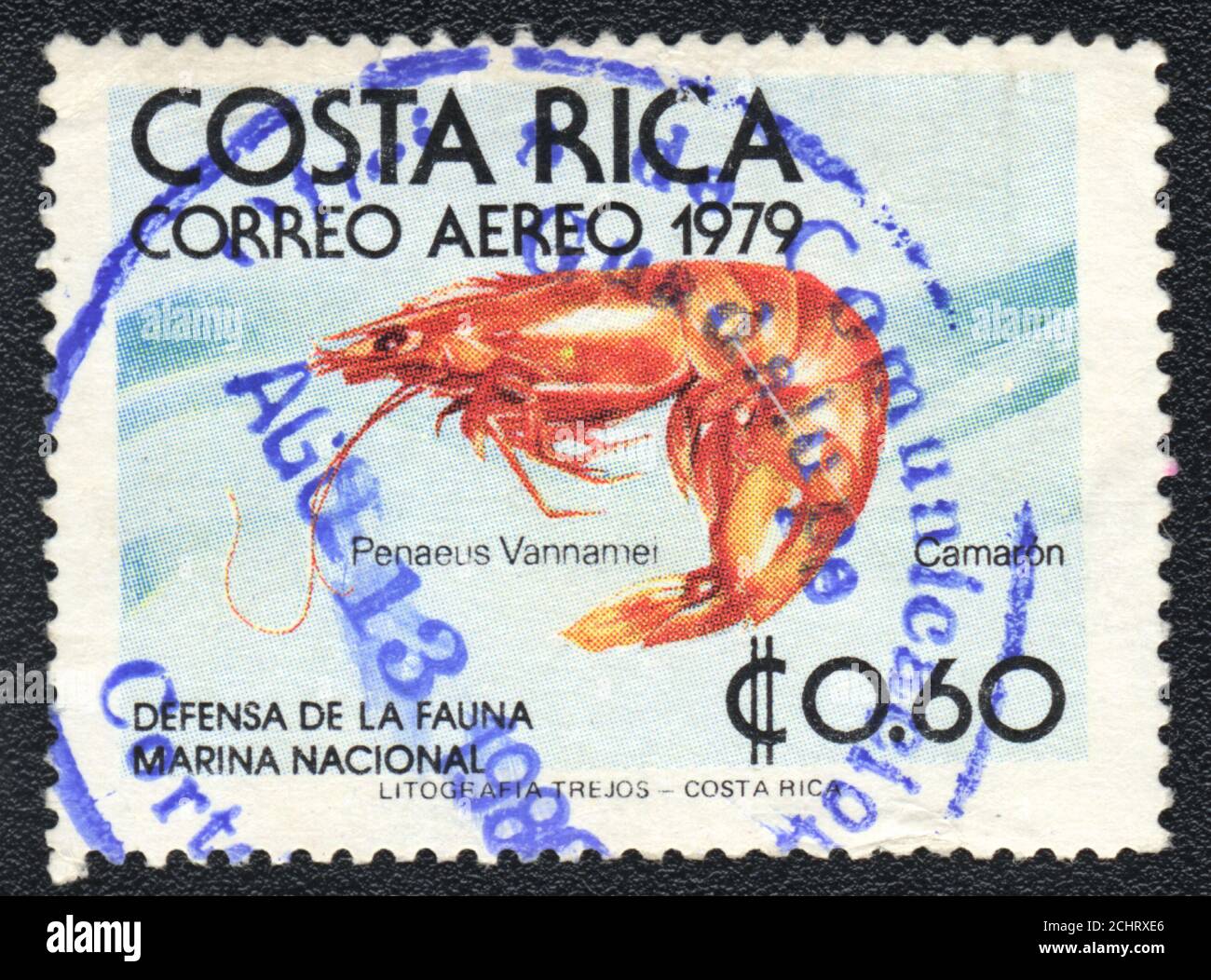 A stamp printed in Costa Rica shows a Whiteleg shrimp (Penaeus Vannamei), circa 1979 Stock Photo