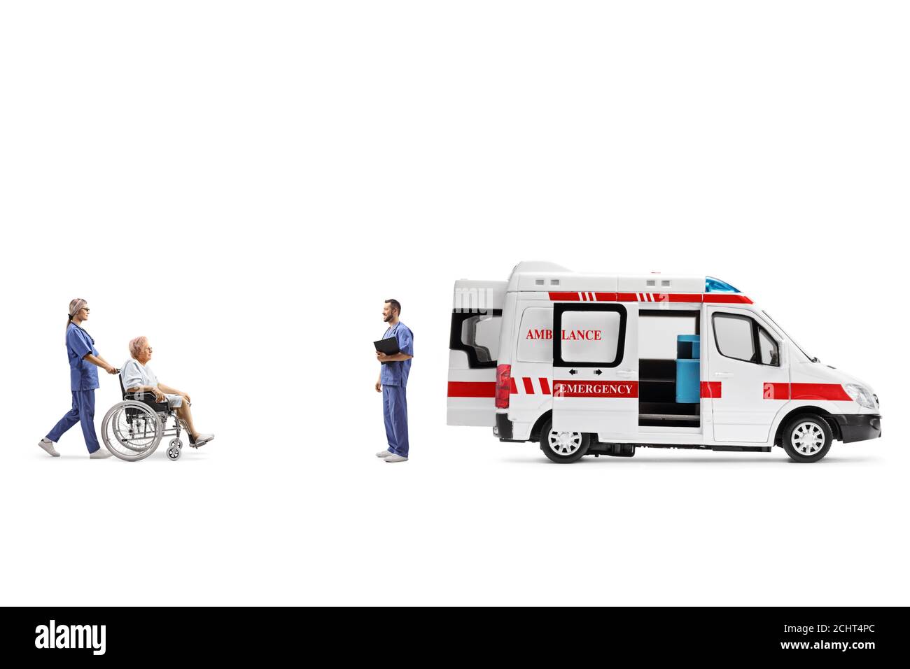 Full length profile shot of a nurse pushing an elderly patient in a wheelchair towards an ambulance isolated on white background Stock Photo