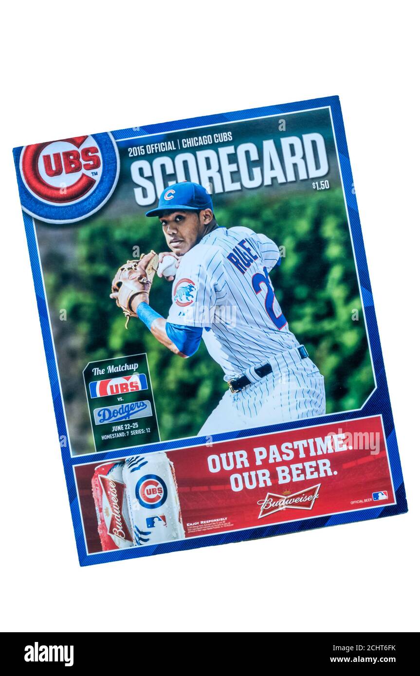A scorecard for a Chicago Cubs baseball game. Stock Photo