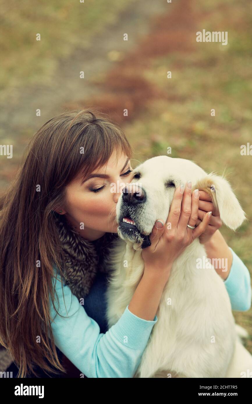 golden retriever for a walk with his owner. Dog breed labrador with woman outdoors Stock Photo