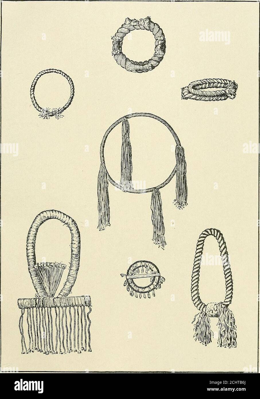 . Annual report of the Board of Regents of the Smithsonian Institution . 0849, 20910, Hoodsinoo Indians,Admiralty Island, Alaska. Collected by James G. Swan. Fig. 70. Necklace. Of cedar-bark rope, like those above, with pendent tassels ofcedar-bark twine. Worn over right shoulder and under right arm.Figs. 67, 68, 69, 70, are Cat. Nos. 129513-15, U. S. N. M. Talcomk, sub-tribe of Bilqula Indians. Vancouver Island, British Columbia. Col-lected by Dr. Franz Boas. Fig, 71, Girdle or Necklace, Of cedar-bark rope. Worn around the neck with the pendant down the back of the wearer in the south previou Stock Photo