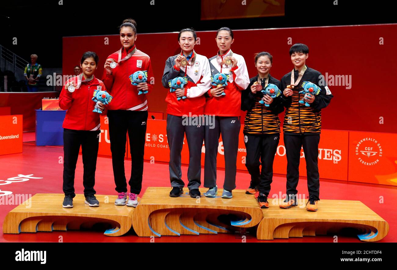 Table Tennis - Gold Coast 2018 Commonwealth Games - Women's Doubles Gold Medal  Medal Ceremony - Oxenford Studios - Gold Coast, Australia - April 13, 2018  - Silver medalists Manika Batra and