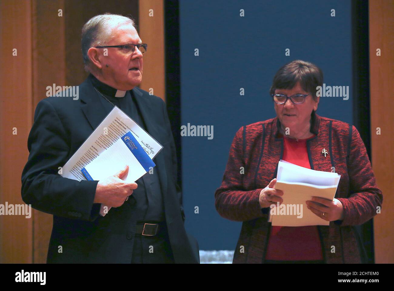 Archbishop Mark Coleridge, of the Australian Catholic Bishops Conference in Australia, stands with Sister Monica Cavanagh, President Catholic Religious Australia, as the prepare to a media in Sydney,