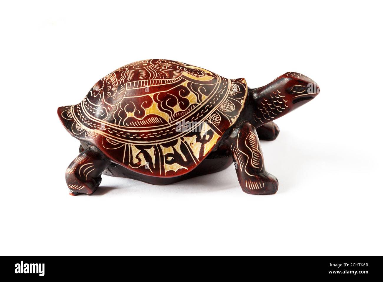 Turtle with the image of the Buddha on the shell, white background. Stock Photo