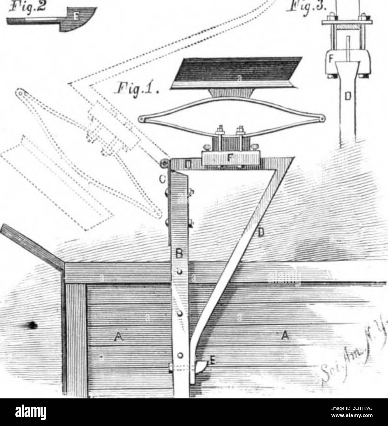 . Scientific American Volume 51 Number 15 (October 1884) . y a nut. The brace locks behind a shoulder formed at theupper edge of the head of the key, which may be more surelyprevented from turning by having its lower shoulder mor-tised in the face of the post. The seat is mounted upon asuitable spring fastened by bolts to a sliding block, F, be-tween which and the spring is a wooden block. Each slid-ing block—a similar device is placed at the other side of thebody—is fitted to slide back and forth upon the upper barof the bracket (as shown in the cross section. Fig. 8), and isheld in any posit Stock Photo