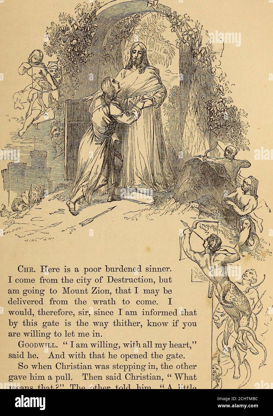 . The pilgrim's progress from this world to that which is to come, delivered under the similitude of a dream . the way when his wrath is kindled but alittle (Ps. ii. 12). Then did Christian address himself to goback ; and Evangelist, after he had kissed him, gave him onesmile, and bid him God speed. So he went on with haste,neither spake he to any man by the way; nor, if any askedhim, would he vouchsafe them an answer. He went like onethat was all the while treading on forbidden ground, and couldby no means think himself safe, till again he was got into theway which he left to follow Mr. World Stock Photo