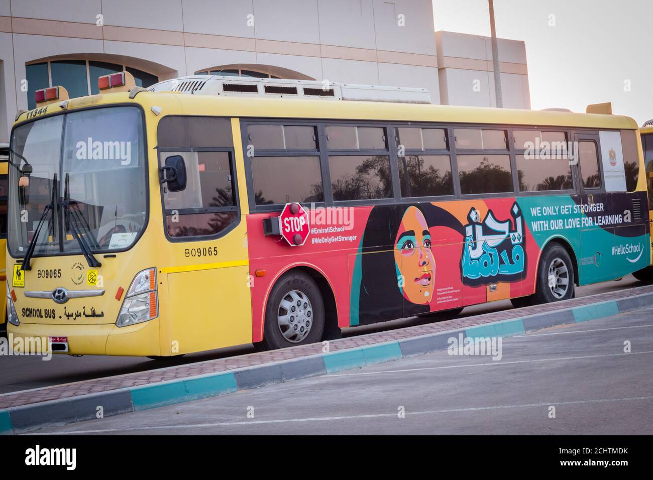 Yellow school bus in Abu Dhabi, United Arab Emirates, Dubai, Emirates, Gulf, Middle east. Awareness signs and symbol was written in arabic language at Stock Photo