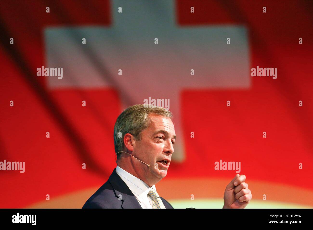 Nigel Farage, leader of the United Kingdom Independence Party (UKIP) delivers a speech during an extra-ordinary meeting of the Action for an Independent and Neutral Switzerland AUNS in the northern Swiss town of Winterthur October 4, 2014.  REUTERS/Arnd Wiegmann (SWITZERLAND - Tags: POLITICS HEADSHOT) Stock Photo