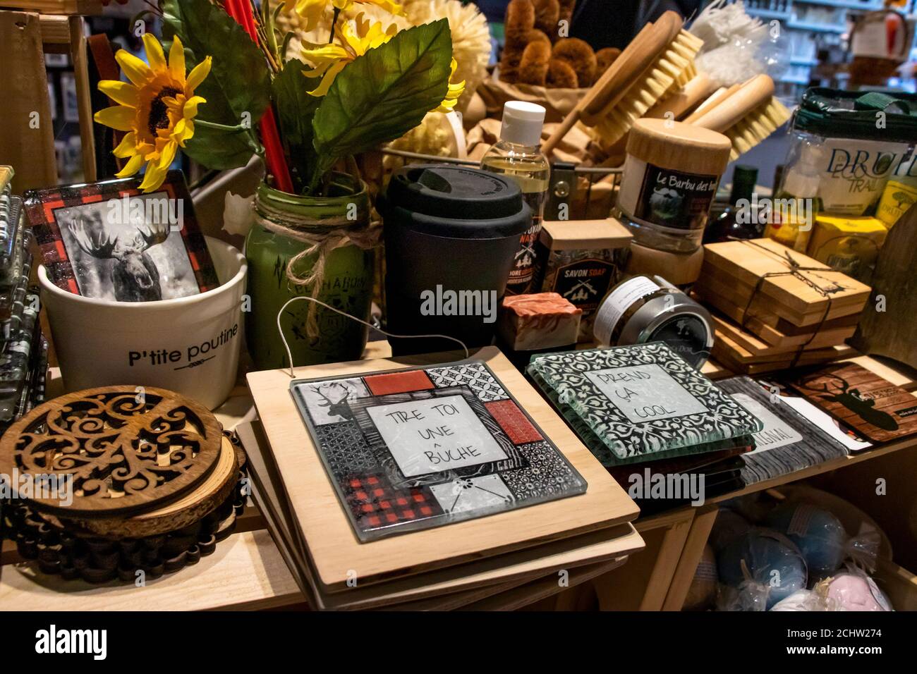 September 12, 2020 - Shawinigan, Qc, Canada: Decoration Items Display in a Québec Gift Shop Stock Photo