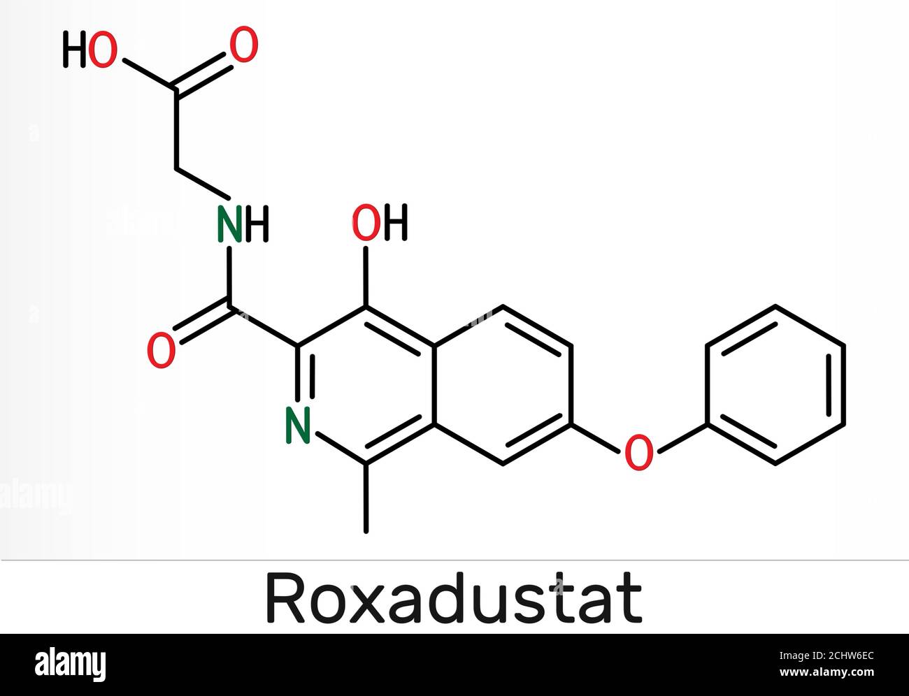 Roxadustat molecule. It is prolyl hydroxylase inhibitor, stimulates production of hemoglobin and red blood cells. Skeletal chemical formula. Illustrat Stock Photo