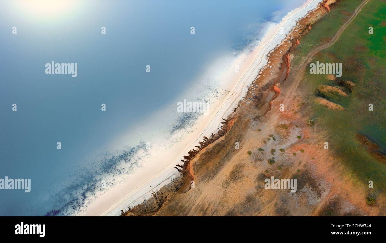 Aerial view of a wild beach. with salt shores. Stock Photo