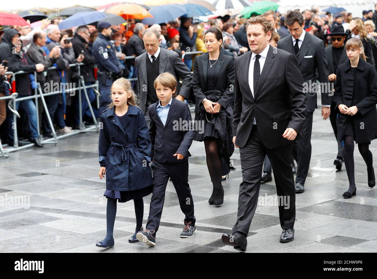 Niki Lauda's widow Birgit, her children Mia and Max, Niki Lauda's son Lukas and Formula One World Champion Lewis Hamilton arrive to attend Niki Lauda's funeral ceremony at St Stephen's cathedral in Vienna, Austria May 29, 2019. REUTERS/Leonhard Foeger Stock Photo