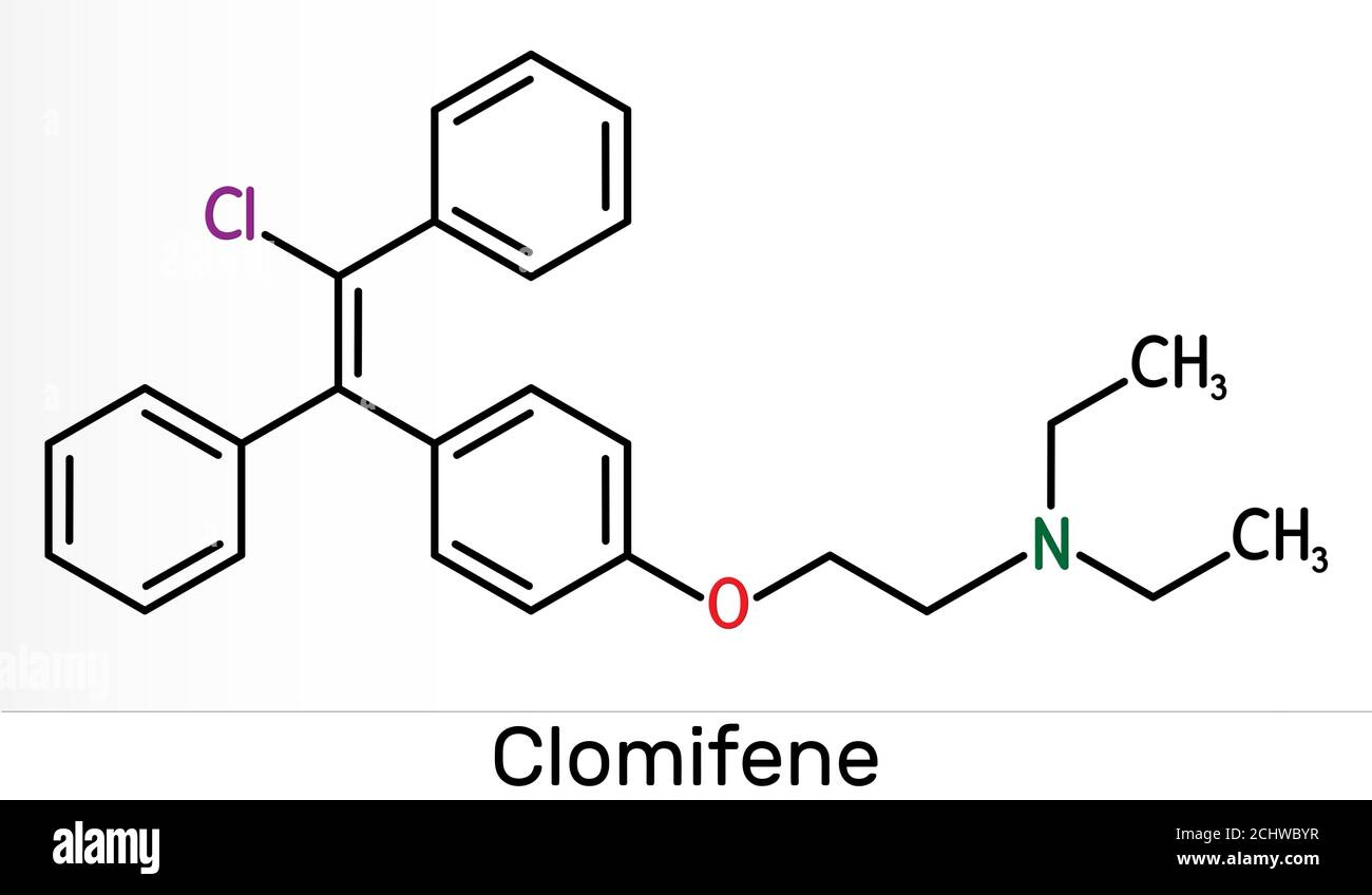 Clomifene, clomiphene, enclomifene, E-isomer molecule. It is an oral agent used to treat infertility in women. Skeletal chemical formula. Illustration Stock Photo