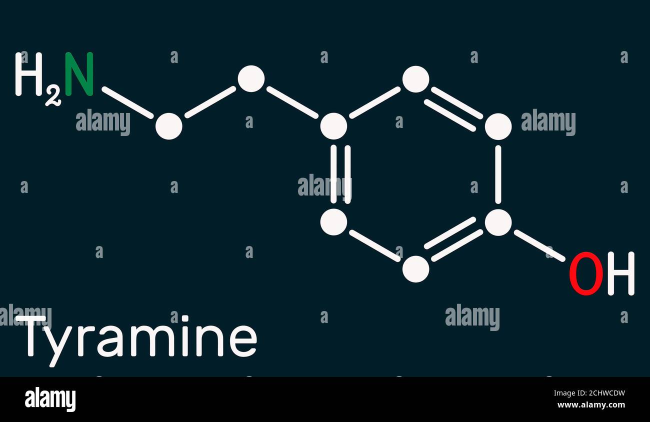 Tyramine, tyramin molecule. It is monoamine compound derived from tyrosine. Skeletal chemical formula on the dark blue background. Illustration Stock Photo