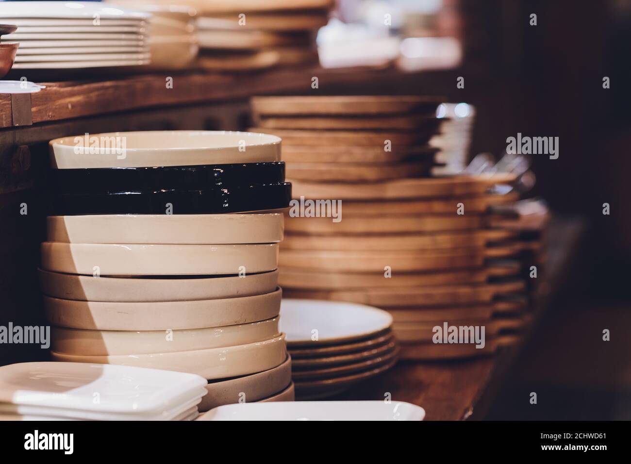 Group of white plates stacked together in a hotel and blurred background  Catering buffet food dish with food on a table Stock Photo - Alamy